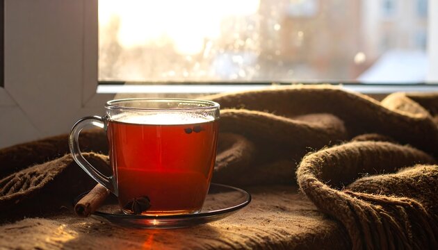 A glass mug of warm tea rests on a window sill near a brown knitted blanket in bright morning sunlight