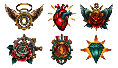 Detailed Illustrative Set of Traditional Tattoo Designs with Angelic and Heart Themes