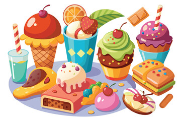 Various stylized desserts are displayed together, showcasing ice cream, cupcakes, and cakes, inviting sweet indulgences
