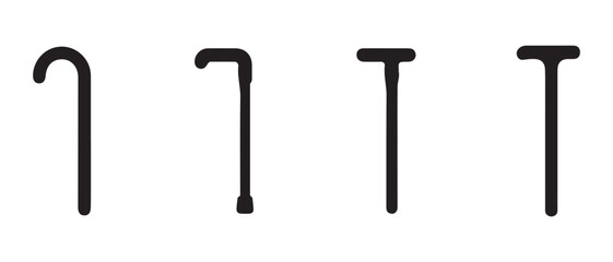 Set of four walking sticks, different styles for mobility aid.