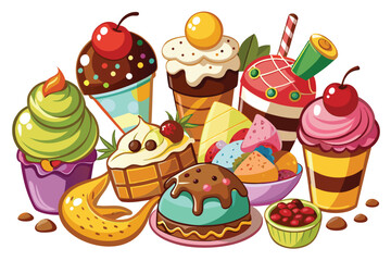 Various colorful cartoon desserts including cakes, pies, ice cream, and fruit are grouped together