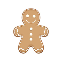 Gingerbread man cookie with frosting and buttons. Cute gingerbread man smiling vector illustration. Realistic gingerbread man cookie icon.  