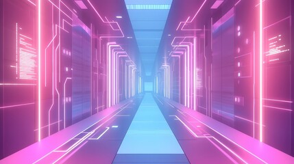 Server room corridor with neon pink and blue lights