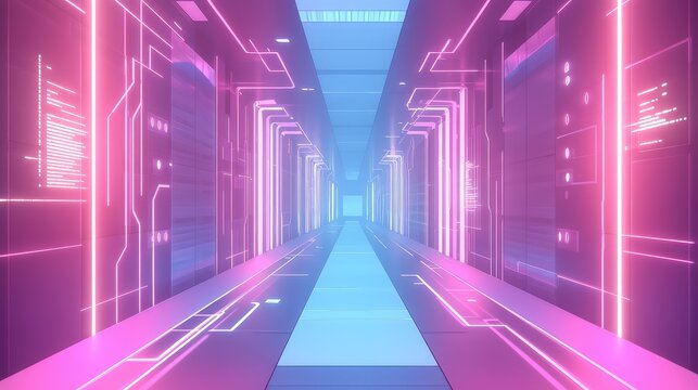 Server room corridor with neon pink and blue lights