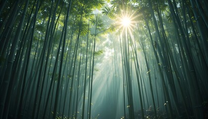 Sunlight Filtering Through Dense Bamboo Forest With Misty Atmosphere