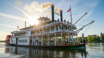 Majestic paddle steamboat gliding along serene river at sunset with silhouetted cityscape