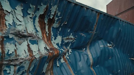 Damaged blue shipping container lying in a marine port surrounded by stacks of colorful containers. Global cargo logistics and freight transportation. - Powered by Adobe