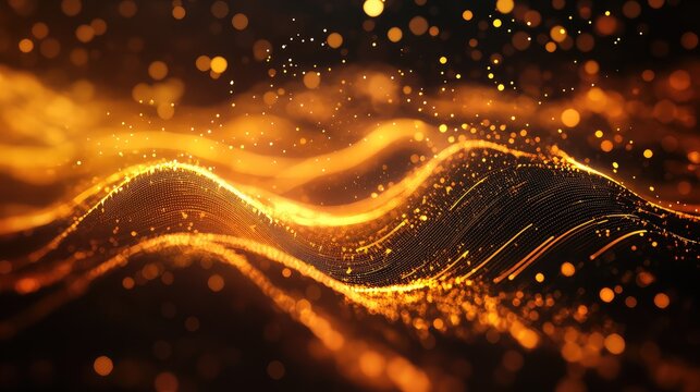 Gold digital wave particles creating flowing energy data