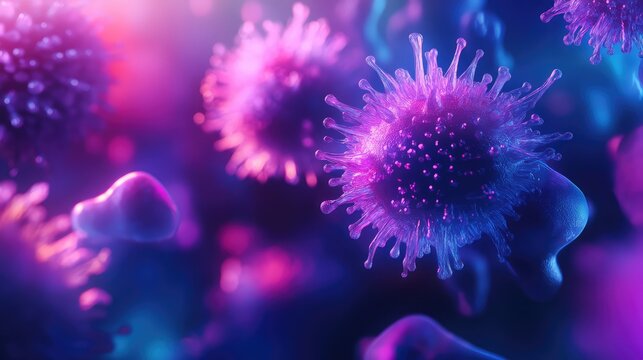 Virus microorganisms multiplying in a microscopic purple environment