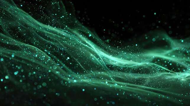 Green glowing particles flowing with abstract energy waves - Powered by Adobe