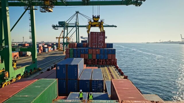 Massive port crane lifts and lowers colorful cargo containers onto a large ship at a busy industrial harbor.