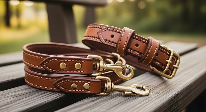 Close up of leather dog collars and leashes on a wooden surface