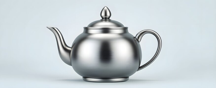 A sleek modern stainless steel teapot with a polished minimalist design on white background