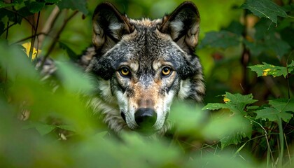 A gray wolf, partially obscured by green foliage, gazes directly at the viewer with intense, piercing yellow eyes