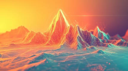 Abstract digital wireframe mountain landscape with vibrant sunset colors