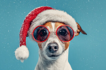 A festive dog wearing a santa hat and round red glasses in a snowy environment