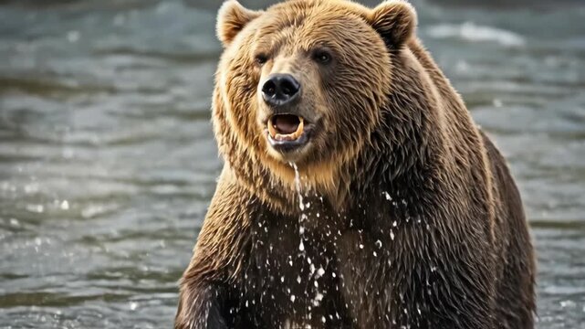 Majestic bear roaring then splashing in river journey showcasing power and grace