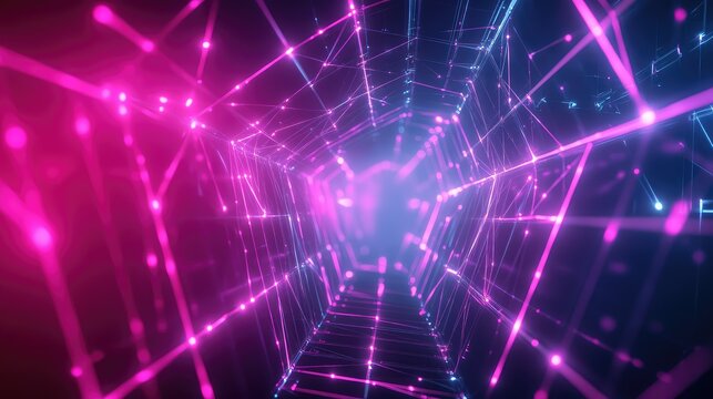 Abstract connecting network tunnel glowing with neon lights
