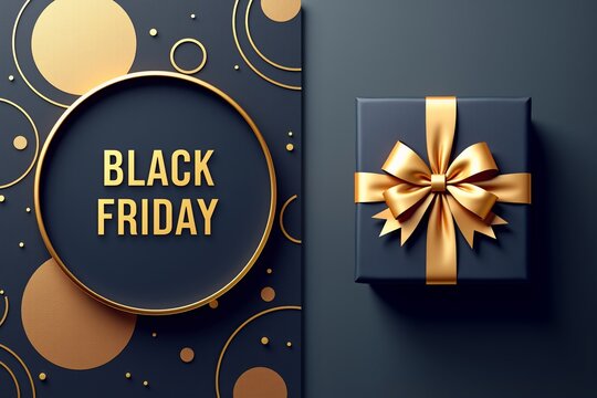 Black Friday sale design: gold text, circular frame, gift box with ribbon on dark background. Festive, luxury vibe.