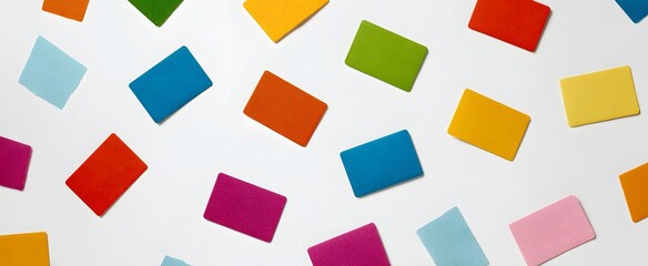 Vibrant educational flashcards scattered on a clean bright white background