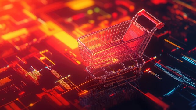 Shopping cart moving through digital e commerce circuit board