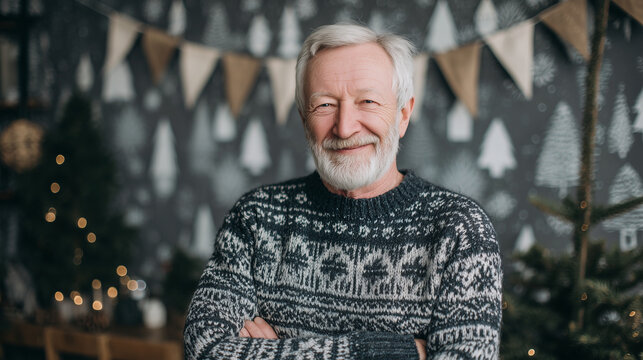 Grandfather Christmas portrait of smiling elderly man in winter sweater standing in cozy decorated room with holiday atmosphere