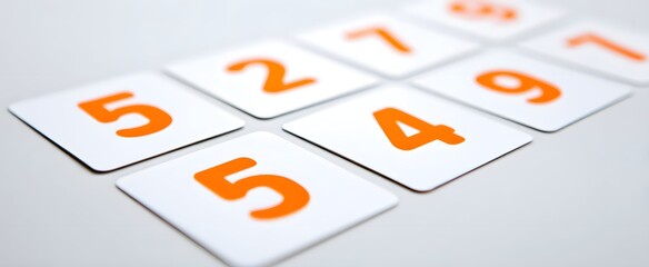 Single math flashcards neatly arranged on a spotless bright white surface for effective learning