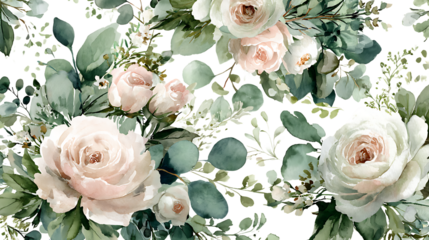 Delicate blush pink roses and eucalyptus leaves botanical illustration isolated on transparent background