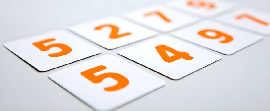 Single math flashcards neatly arranged on a spotless bright white surface for effective learning