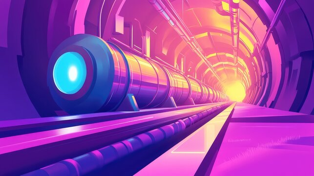 Futuristic hyperloop train capsule moving through neon tunnel