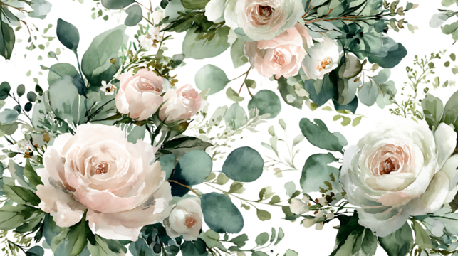 Delicate blush pink roses and eucalyptus leaves botanical illustration isolated on transparent background - Powered by Adobe