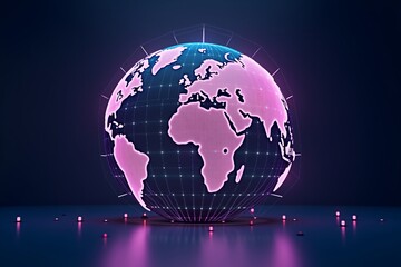 Futuristic globe glowing with neon connections, representing global digital network and interconnected technology in deep space.