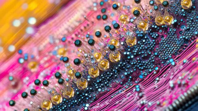 An intricate artwork features a stunning array of textures and colors, presenting a compelling blend of vibrant hues and detailed patterns that captivate the eye.