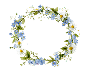 Delicate floral wreath composed of white daisies and blue forget me nots isolated on transparent background
