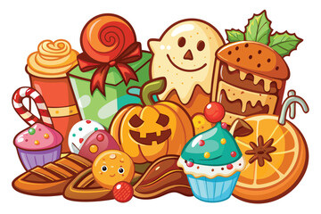 Obraz premium A cartoonish Halloween feast features sweets, pastries, gift, candies, and a festive pumpkin illustration
