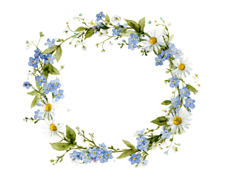 Delicate floral wreath composed of white daisies and blue forget me nots isolated on transparent background - Powered by Adobe