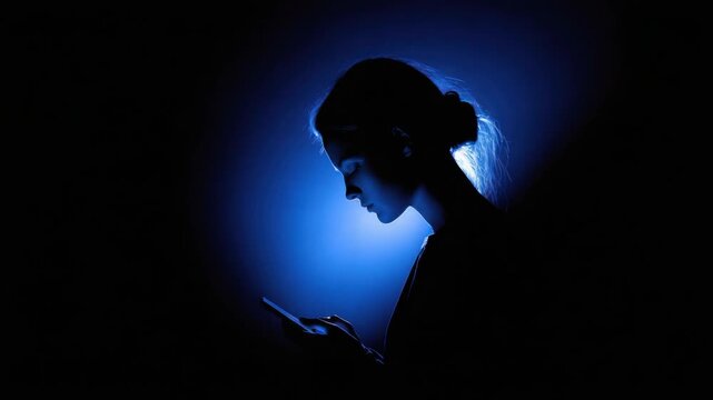 A silhouetted person uses a phone, bathed in blue light against a black background