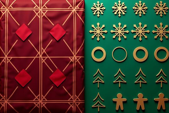 Christmas tic-tac-toe game on green board, wooden symbols. Red quilted background. Festive holiday theme. - Powered by Adobe