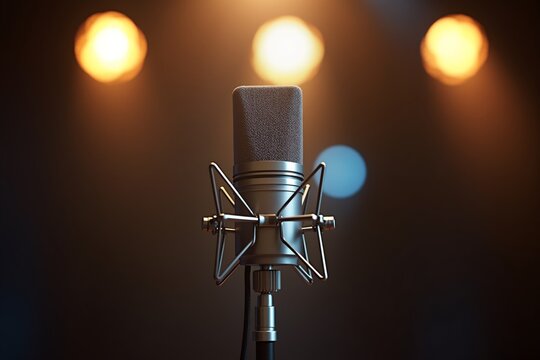 Studio microphone under warm stage lights, capturing sound in professional recording setup.