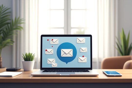 Modern desk setup: laptop displays email icons, phone beside it. Green plants add freshness to cozy workspace vibe.