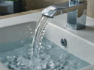 Invigorating stream of fresh water flowing from a modern faucet, perfect for promoting cleanliness, hydration, and a refreshing lifestyle in your next campaign