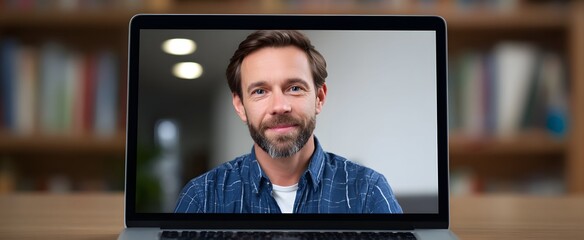 Distance learning video class on laptop screen zooms knowledge like a digital rocket at home