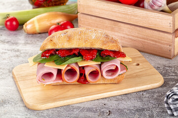 Ciabatta with mortadella, tomato, cheese and spinach