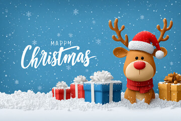 Happy Christmas greeting with a cute reindeer and presents in the snow