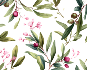 Delicate watercolor painting of olive branches with small pink flowers and red berries isolated on transparent background
