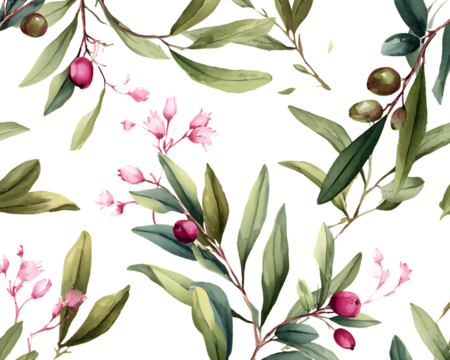 Delicate watercolor painting of olive branches with small pink flowers and red berries isolated on transparent background