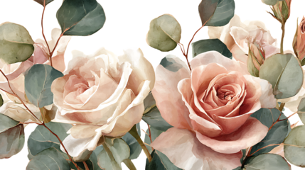 Delicate vintage pink roses with green leaves isolated on transparent background