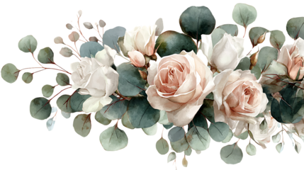 Delicate arrangement of soft pink roses and eucalyptus leaves isolated on transparent background