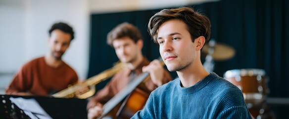The music band dances through notes indoors like cats chasing sunbeams with their instruments.