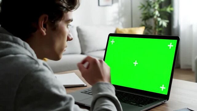 Green Screen young adult analyzing laptop display with in living room using mockup template isolated copy space and blank chrma key background on computer remote school student scene 4 distortion
